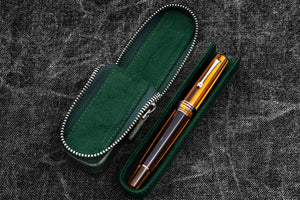 Leather Zippered Magnum Opus Single Hard Pen Case For Oversized Pens & Namiki  Emperor - Crazy Horse Forest Green