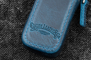 Leather Zippered Magnum Opus Single Hard Pen Case For Oversized Pens & Namiki  Emperor - Crazy Horse Ocean Blue