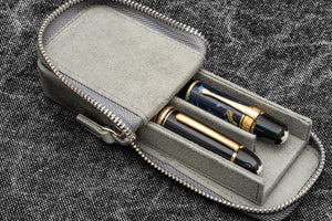Leather Zippered Magnum Opus 2 Slots Hard Pen Case with Removable Pen Tray - Crazy Horse Smoky