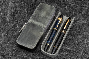 Leather Zippered Magnum Opus 2 Slots Hard Pen Case with Removable Pen Tray - Crazy Horse Smoky