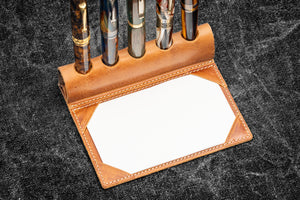 The Writer’s Pen Dock - 5 Slots Pen Stand with Notepad Holder - Crazy Horse Tan