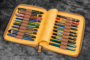 Leather Zippered 20 Slots Pen Case - Crazy Horse Honey Ochre