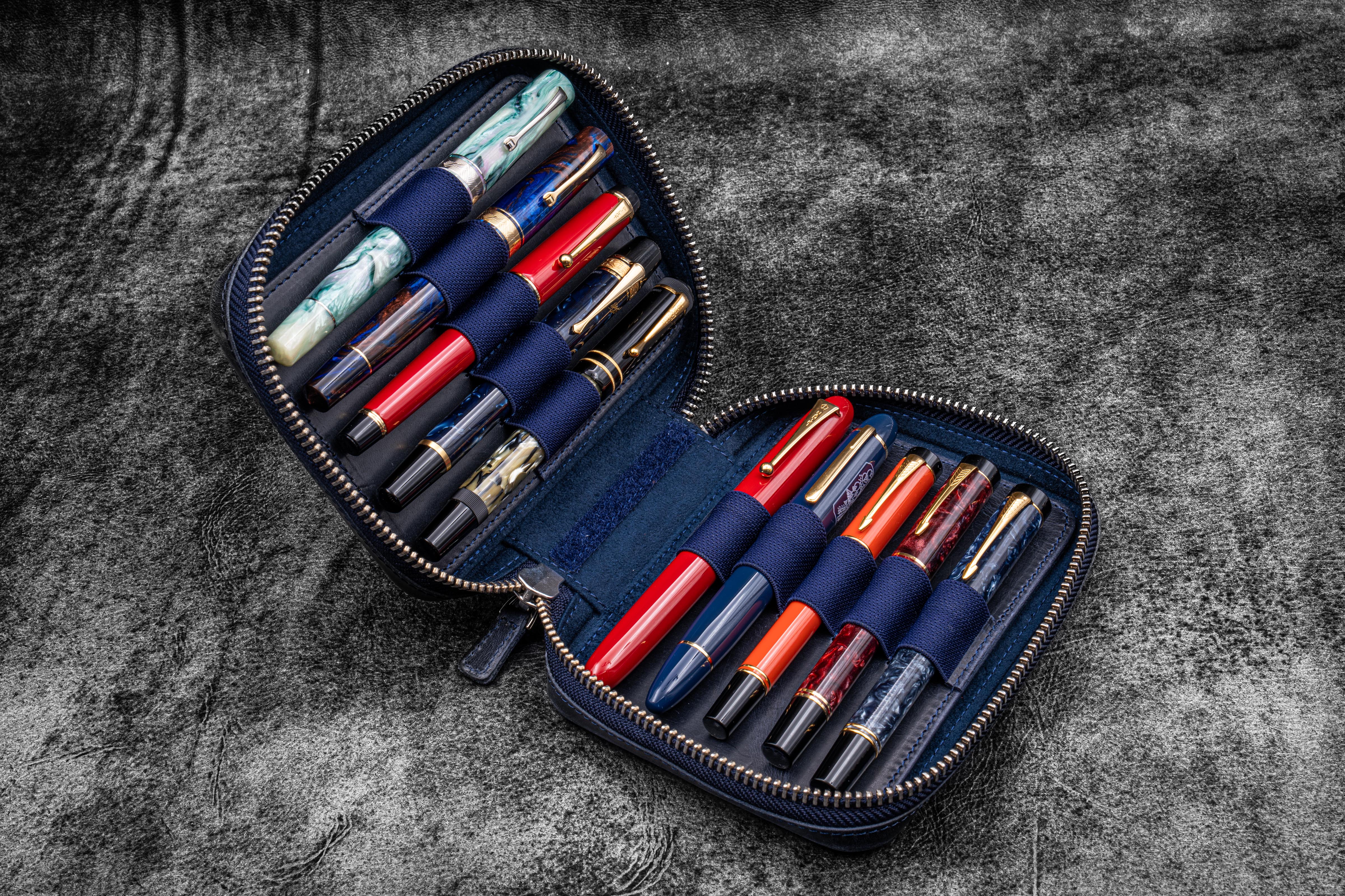Expansi-Pouch Leather Wide 10 Slots Pen Case - A6 Zip Folio - Navy