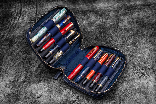Expansi-Pouch Leather Wide 10 Slots Pen Case - A6 Zip Folio - Navy