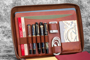 Leather Compendium Bag - A4 Zippered Folio Organizer - Aged Copper