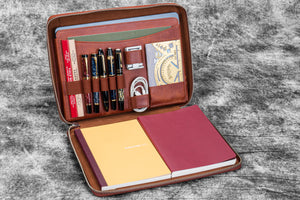 Leather Compendium Bag - A4 Zippered Folio Organizer - Aged Copper