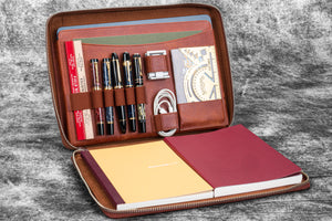 Leather Compendium Bag - A4 Zippered Folio Organizer - Aged Copper