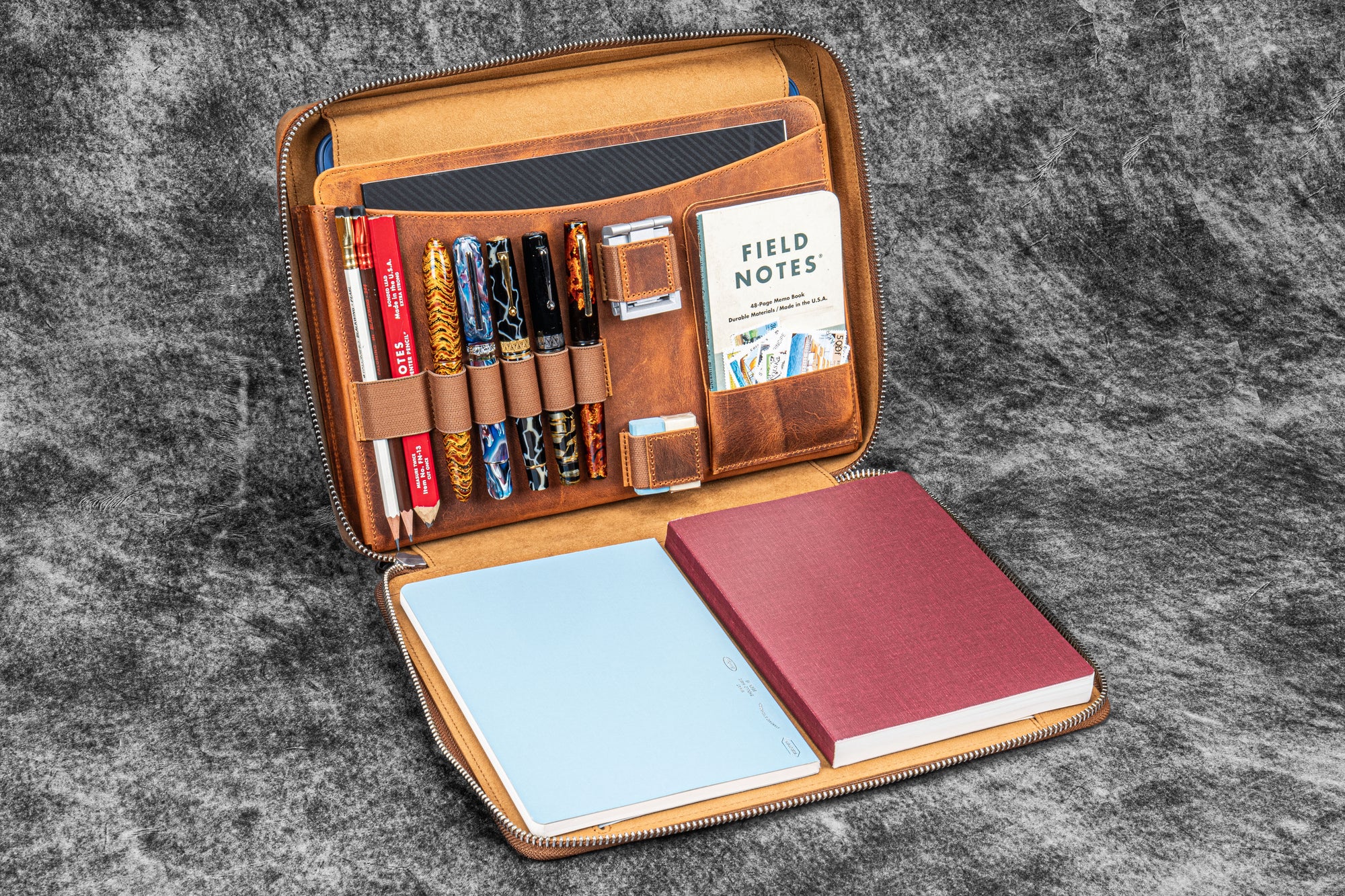 Smoky Grey Leather Zippered Folio - 9 x 11.2 inches (23 x 28.5 cm