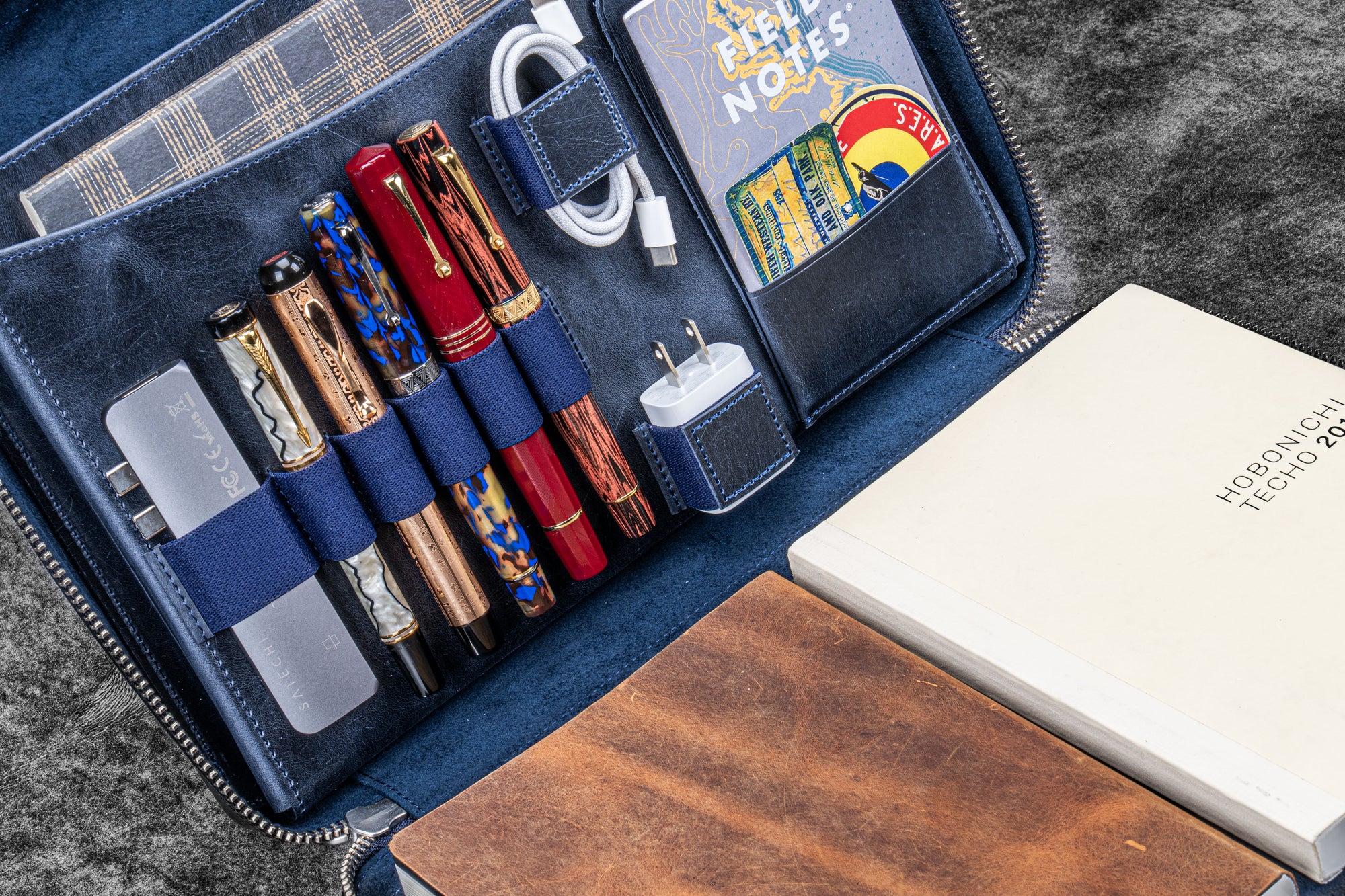 Navy Blue A4 Zippered Leather Folio Bag | Galen Leather