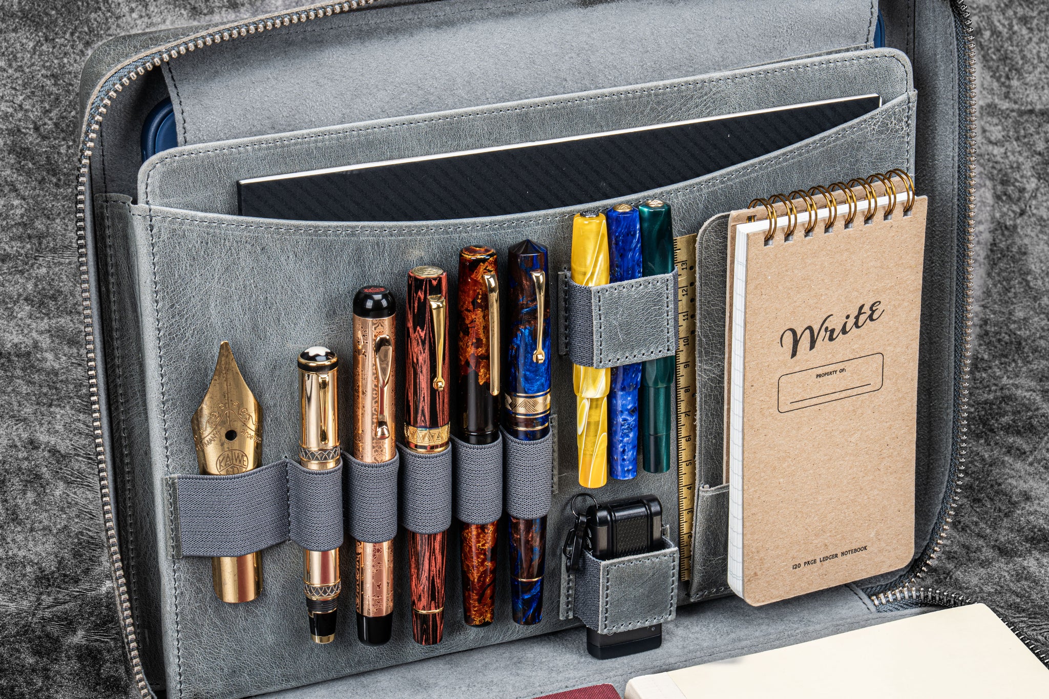 Smoky Grey Leather Zippered Folio - 9 x 11.2 inches (23 x 28.5 cm