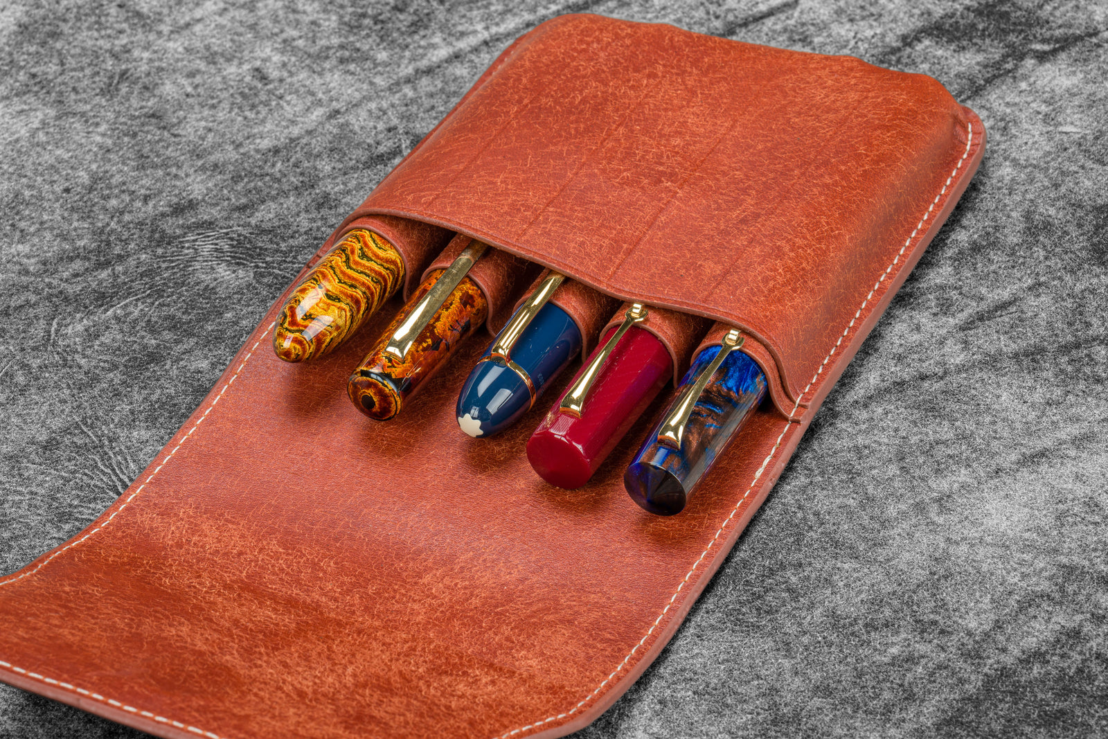 Leather Flap Pen Case for Five Pens - Aged Copper