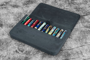 Leather Magnum Opus 12 Slots Hard Pen Case with Removable Pen Tray - Crazy Horse Graphite