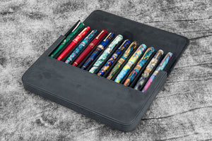 Leather Magnum Opus 12 Slots Hard Pen Case with Removable Pen Tray - Crazy Horse Graphite