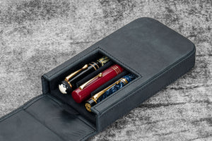 Leather Magnum Opus 3 Slots Hard Pen Case with Removable Pen Tray - Crazy Horse Graphite