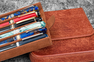Leather Magnum Opus 6 Slots Hard Pen Case with Removable Pen Tray - Aged Copper