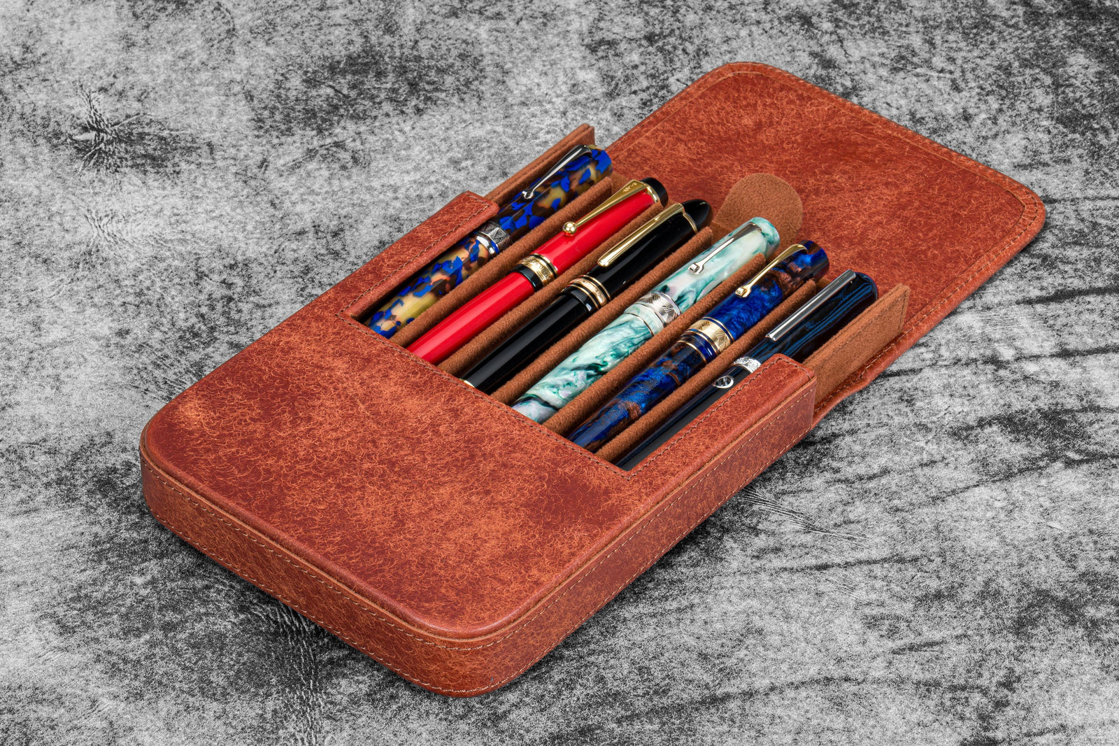Leather Magnum Opus 6 Slots Hard Pen Case with Removable Pen Tray - Aged Copper