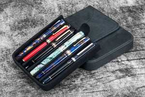 Leather Magnum Opus 6 Slots Hard Pen Case with Removable Pen Tray - Crazy Horse Graphite