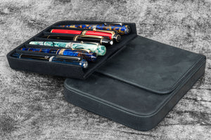 Leather Magnum Opus 6 Slots Hard Pen Case with Removable Pen Tray - Crazy Horse Graphite