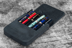 Leather Magnum Opus 6 Slots Hard Pen Case with Removable Pen Tray - Crazy Horse Graphite
