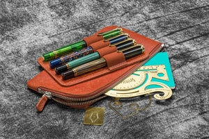 Leather Slip-N-Zip 4 Slots Zippered Pen Pouch - Aged Copper