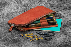 Leather Slip-N-Zip 4 Slots Zippered Pen Pouch - Aged Copper