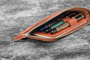 Leather Slip-N-Zip 4 Slots Zippered Pen Pouch - Aged Copper