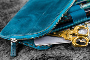 Leather Slip-N-Zip 4 Slots Zippered Pen Pouch - C.H. Ocean Blue