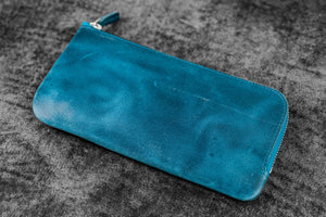 Leather Slip-N-Zip 4 Slots Zippered Pen Pouch - C.H. Ocean Blue