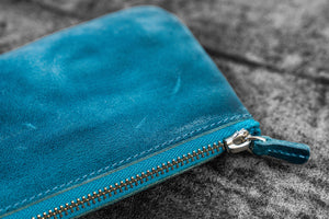 Leather Slip-N-Zip 4 Slots Zippered Pen Pouch - C.H. Ocean Blue