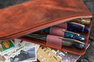 Leather Slip-N-Zip 4 Slots Zippered Pen Pouch - C.H. Orange