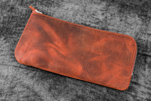 Leather Slip-N-Zip 4 Slots Zippered Pen Pouch - C.H. Orange