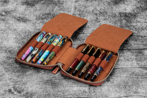 Leather Zippered 10 Slots Pen Case - Aged Copper