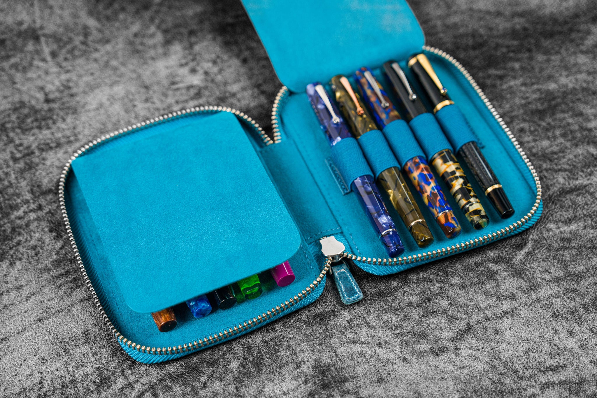 Leather Zippered 10 Slots Pen Case Ocean Blue Galen Leather