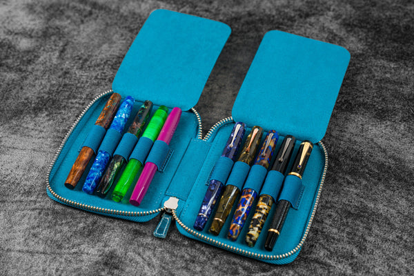 Leather Zippered 10 Slots Pen Case - Ocean Blue - Galen Leather Leather Zippered 10 Slots Pen Case - Ocean Blue - Galen Leather