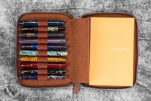 Leather Zippered 10 Slots Pen Case with A5 Notebook Holder - Aged Copper