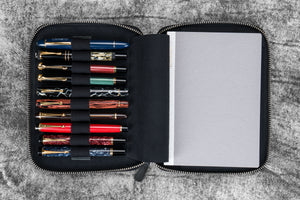 Leather Zippered 10 Slots Pen Case with A5 Notebook Holder - Crazy Horse Graphite