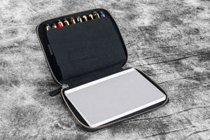 Leather Zippered 10 Slots Pen Case with A5 Notebook Holder - Crazy Horse Graphite