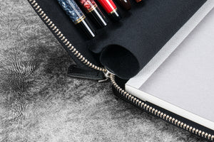 Leather Zippered 10 Slots Pen Case with A5 Notebook Holder - Crazy Horse Graphite