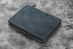 Leather Zippered 10 Slots Pen Case with A5 Notebook Holder - Crazy Horse Graphite