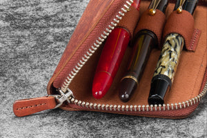 Leather Zippered 3 Slots Pen Case - Aged Copper
