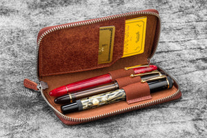 Leather Zippered 3 Slots Pen Case - Aged Copper