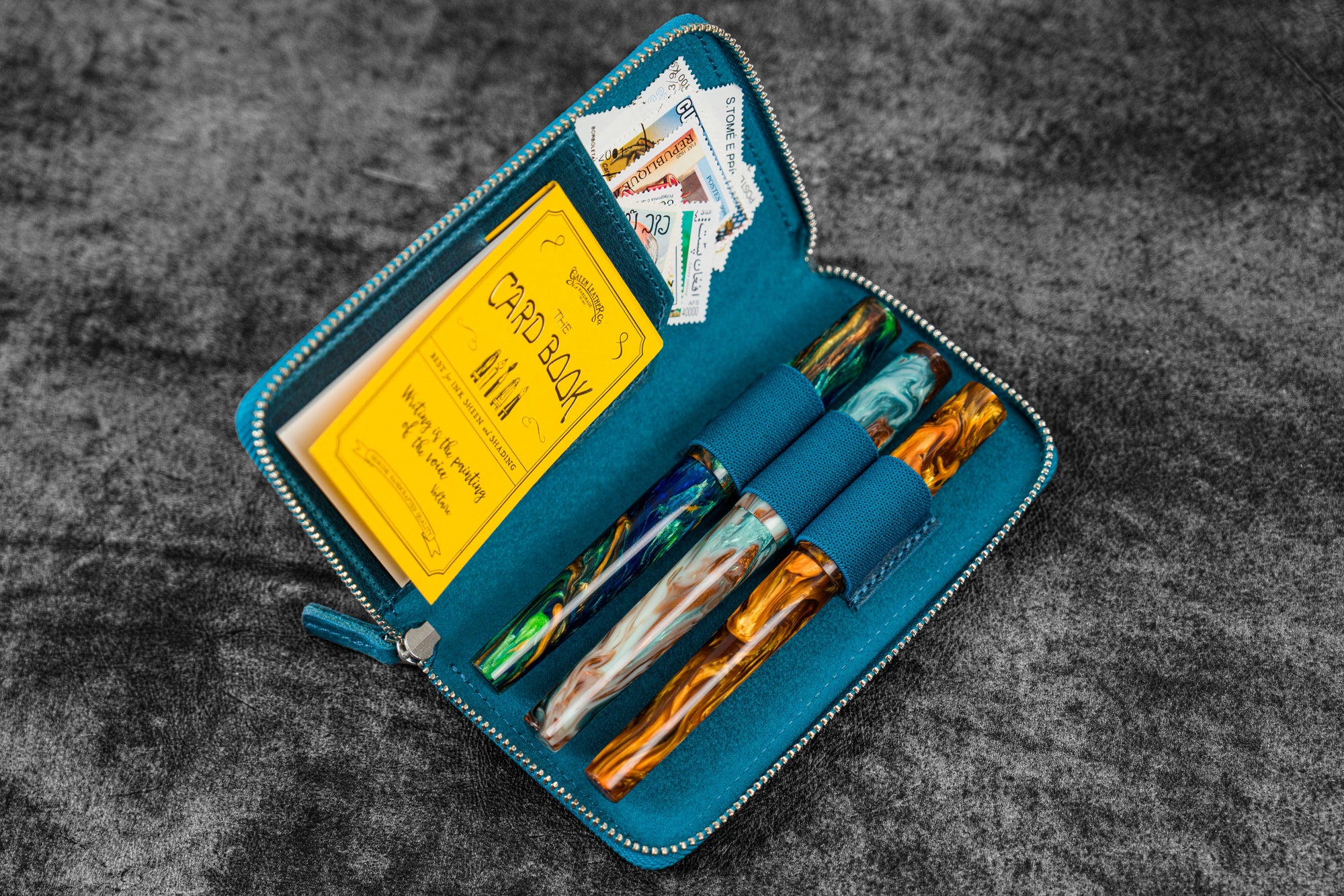 Ocean Blue - Leather Zippered 3 Slots Pen Case | Galen Leather