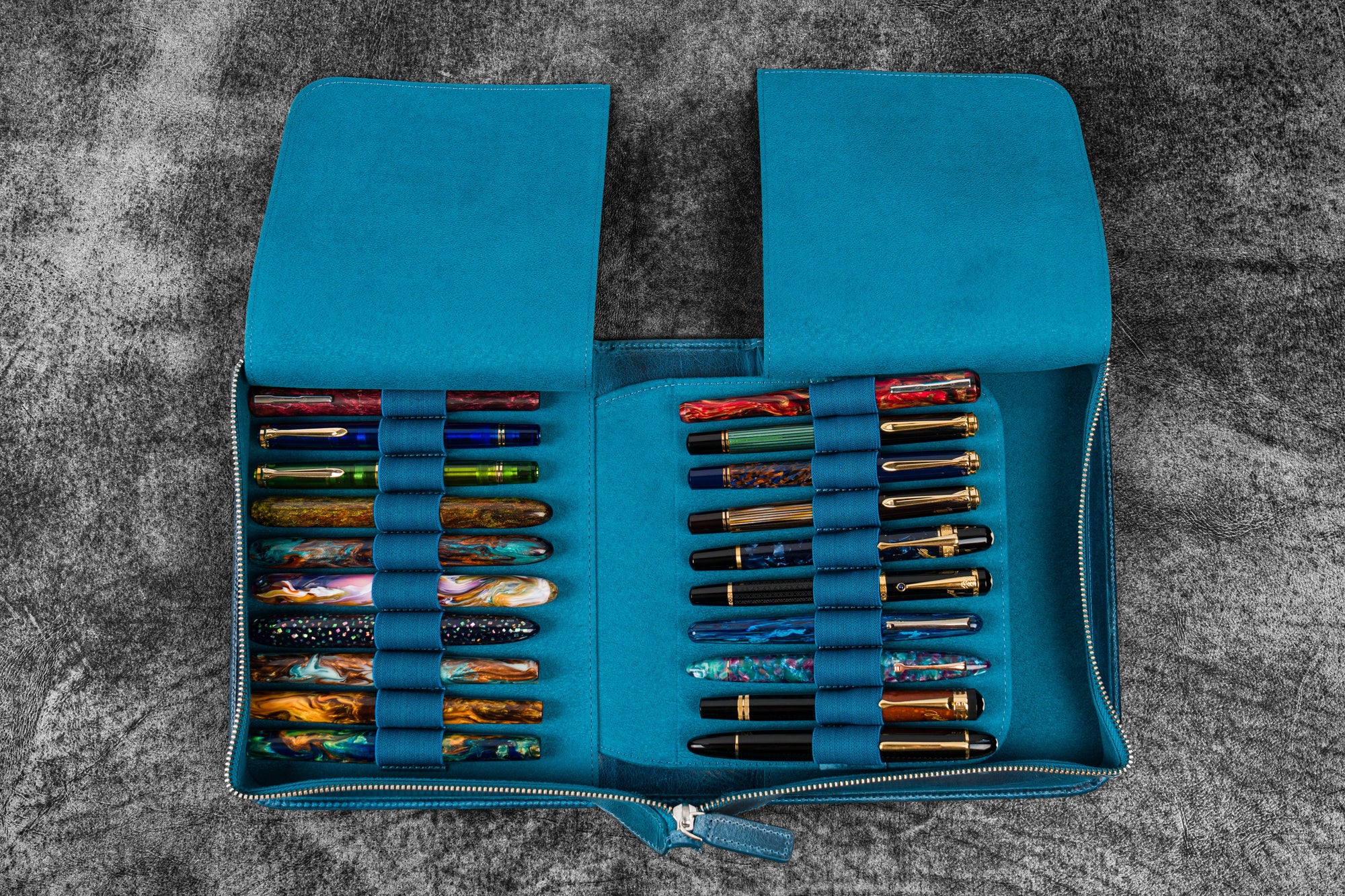 Blue Leather 40 Pens Zip Pen Case for Pen Collectors | Galen Leather