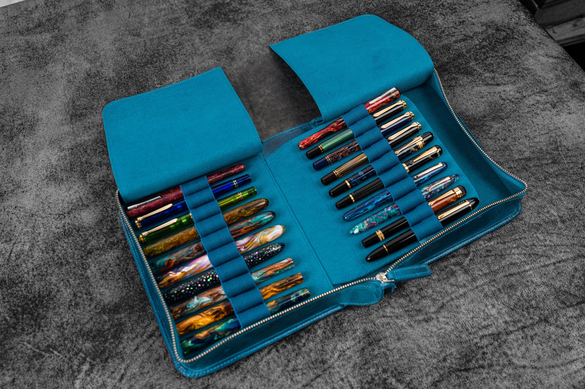 Blue Leather 40 Pens Zip Pen Case for Pen Collectors | Galen Leather