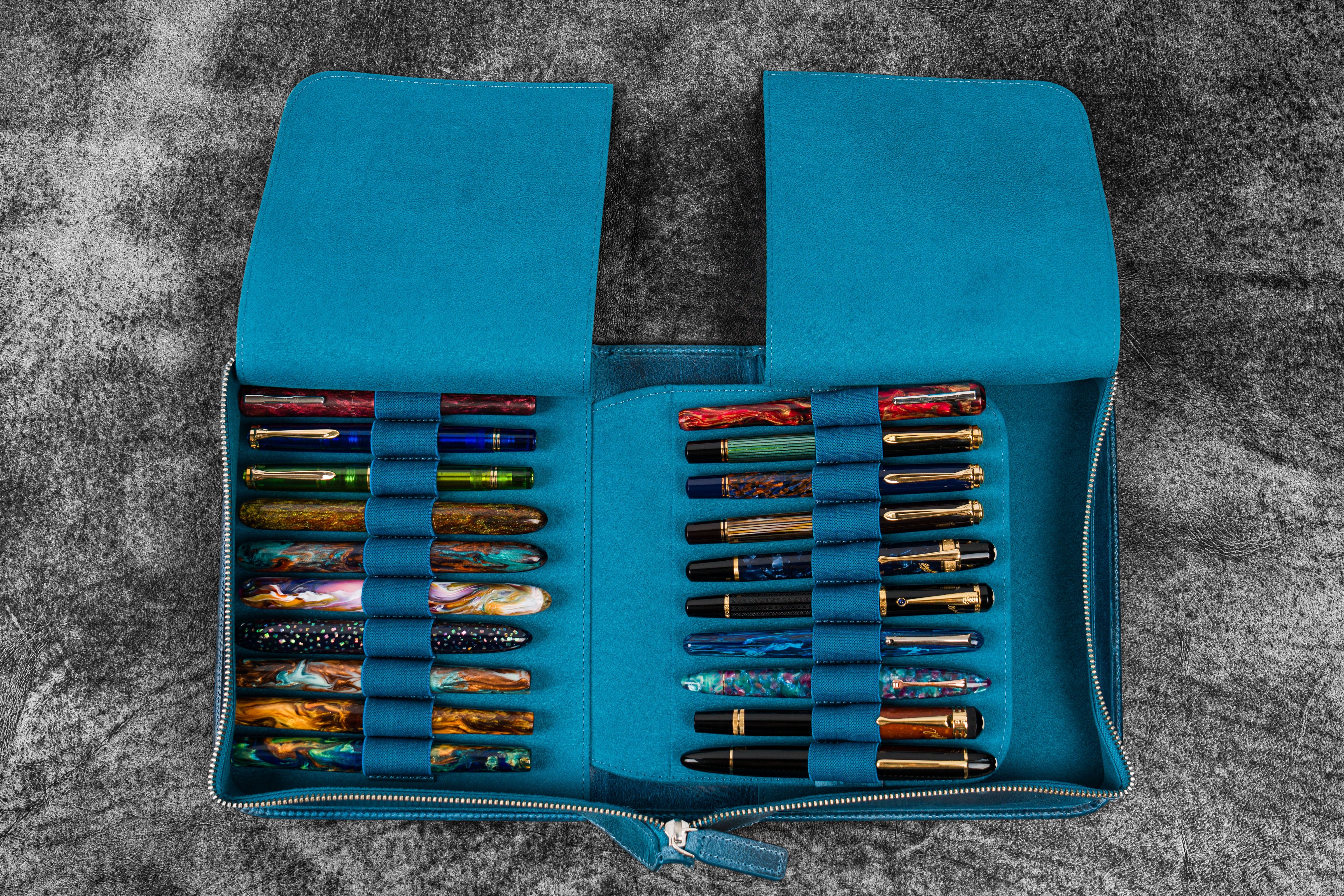 筆記具 Galen Leather Zippered 40 Slots Pen Case Blue Leather 40 Pens Zip Pen Case for Pen Collectors | Galen