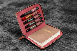Leather Zippered 5 Slots Pen Case - Crazy Horse Orange