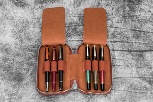 Leather Zippered 6 Slots Pen Case - Aged Copper