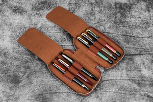 Leather Zippered 6 Slots Pen Case - Aged Copper