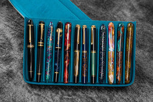Leather Zippered Magnum Opus 12 Slots Hard Pen Case with Removable Pen Tray - C. H. Ocean Blue