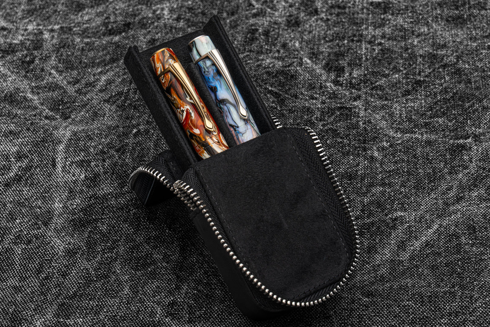 Leather Zippered Magnum Opus 2 Slots Hard Pen Case with Removable Pen Tray - Black